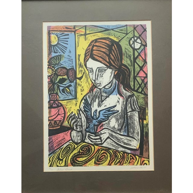 Original framed lithograph entitled bluebird by listed artist Irving Amen. Original woodcut lithograph. Signed and...