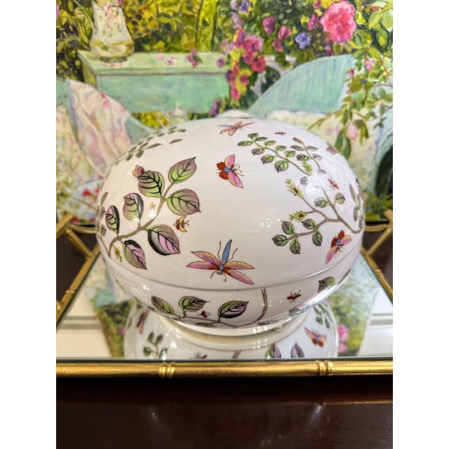 Large Chinoiserie Porcelain Lidded Box Centerpiece With Butterflies Dragonflies and Floral Design For Sale In Raleigh - Image 6 of 9