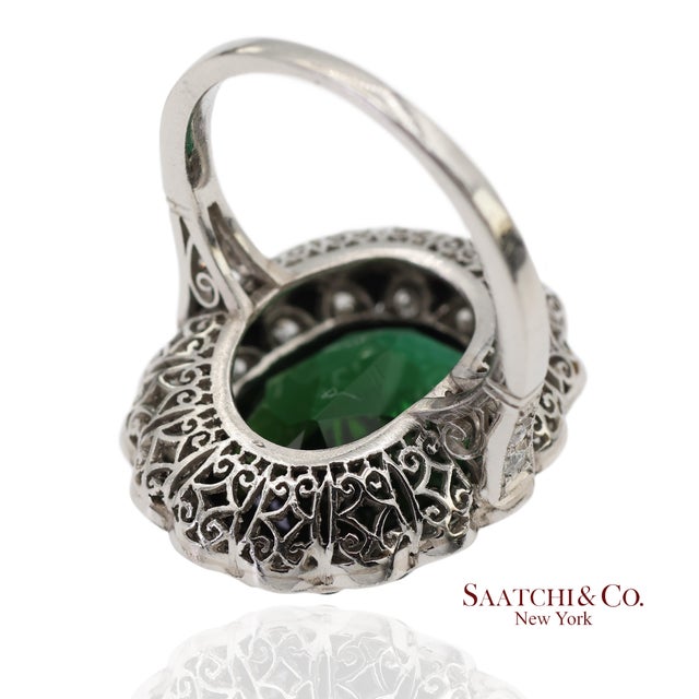 Green Vintage Platinum 950 Milgrain Natural Diamond and Tourmaline Ring, Size 7 For Sale - Image 8 of 12