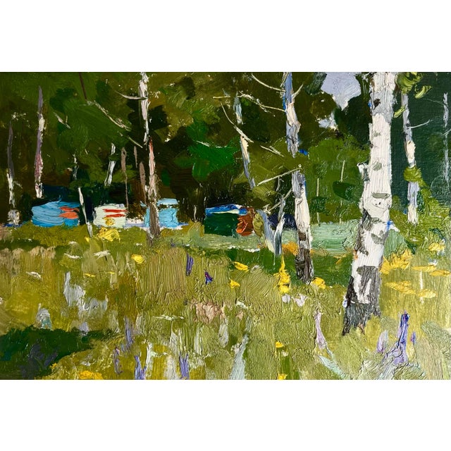 Impressionist Russian Impressionist Oil Painting of a Wooded Landscape With Wild Flowers For Sale - Image 3 of 7