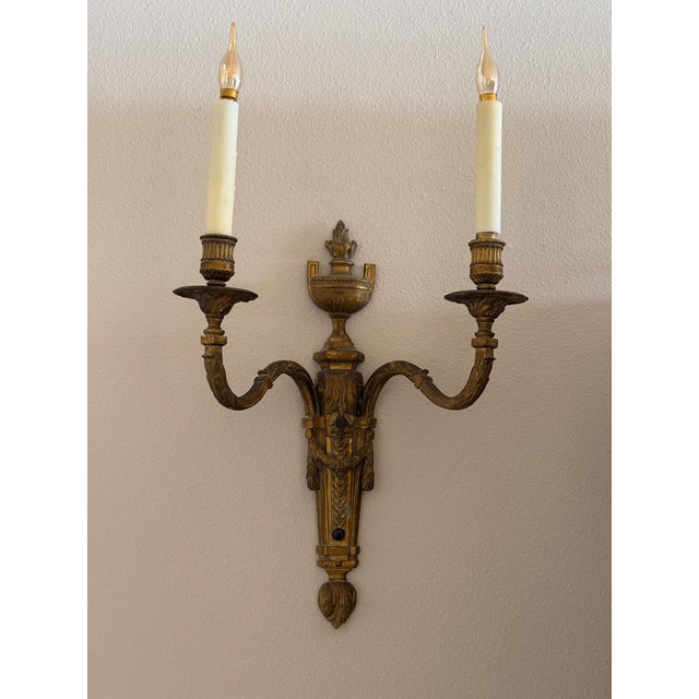 Antique French Louis XVI Style Twin-Light Wall Sconces - Gilt Bronze Ormolu Neoclassical Double Arm Wall Lights, Late 19th Century - Pair For Sale - Image 10 of 18