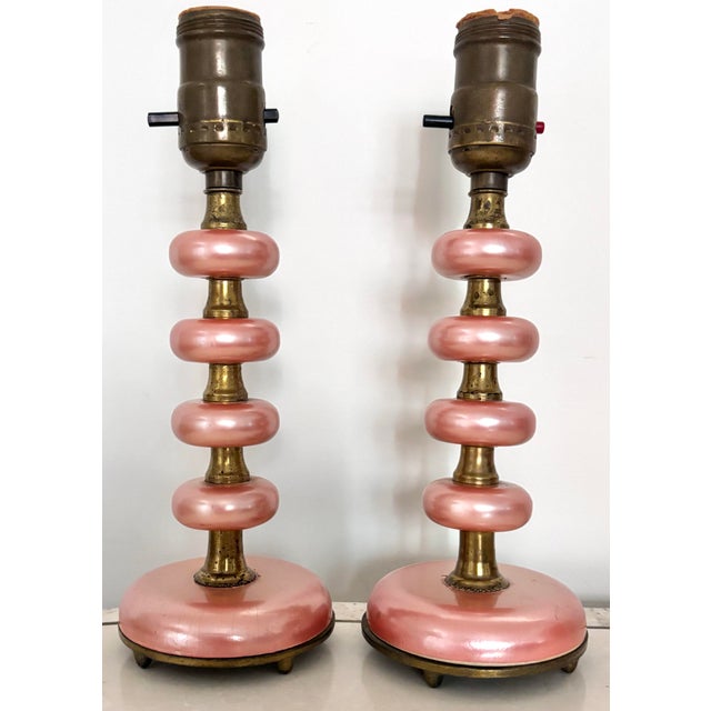 1940s Pair of Pink and Brass Boudoir Accent Lamps - a Pair For Sale - Image 6 of 6
