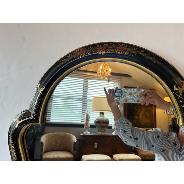 Wood Large Ebonized Hand Painted & Gilded Chinoiserie Wall Mirror For Sale - Image 7 of 13