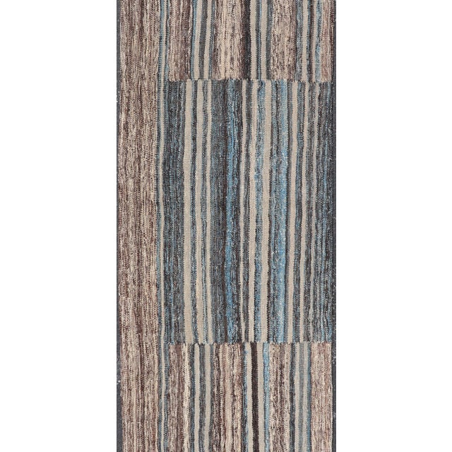 Tribal Modern Tribal Kilim Runner in Denim Blue, Brown, and Ivory Striped Design For Sale - Image 3 of 11