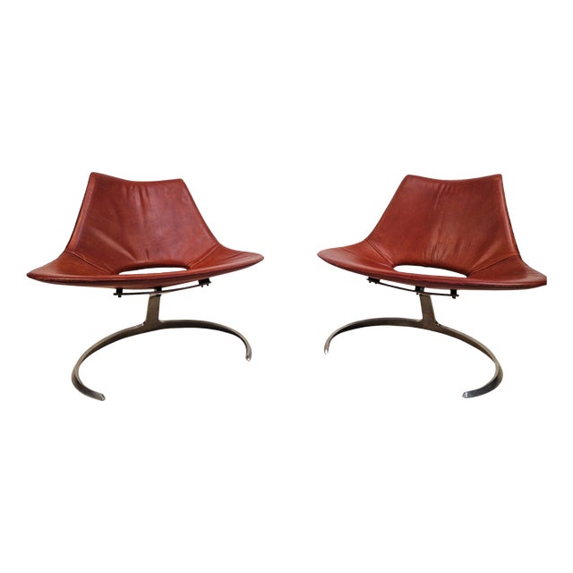 Scimitar IS63 Leather Lounge Chairs by Preben Fabricius & Jørgen Kastholm, 1950s, Set of 2 For Sale