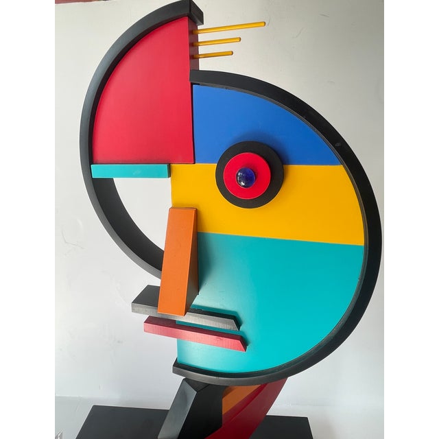 Abstract Geometric Face Wood Sculpture, Signed For Sale - Image 9 of 15