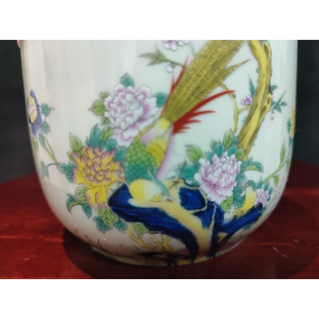 Art Deco Chinese Ceramic Pot Qing Dynasty Tongzhi Marked Famille Rose Porcelain Tea Jar Hand Painted Flowers and Birds Pattern For Sale - Image 3 of 11