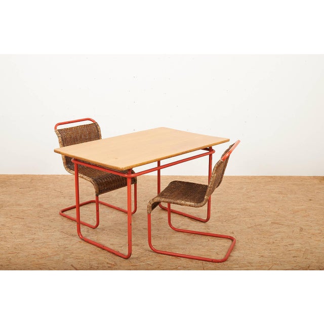 Table with Chairs in Red Lacquered Tubular Steel by S. Meier for Rohrmöbelfabrik, 1920s, Set of 3 For Sale - Image 17 of 17