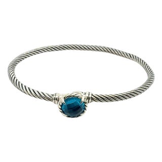 1990s David Yurman London Blue Topaz Cuff Bracelet Size M Silver 3 mm Estate For Sale