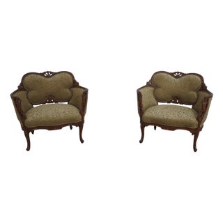 Pair French Louis XV Wide Seat Swan Carved Frame Occasional Chairs For Sale