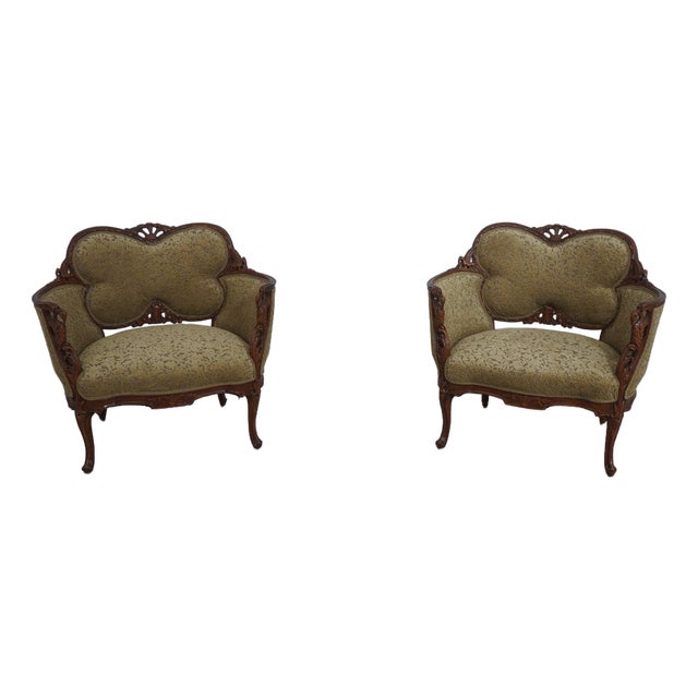 Pair French Louis XV Wide Seat Swan Carved Frame Occasional Chairs For Sale