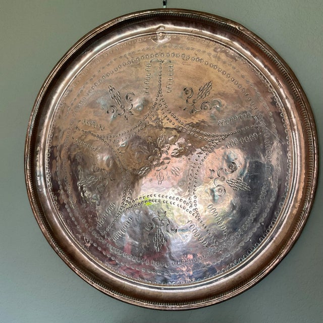 Large Late 20th Century Turkish Cooper Tray Stamped Engraved For Sale - Image 11 of 12