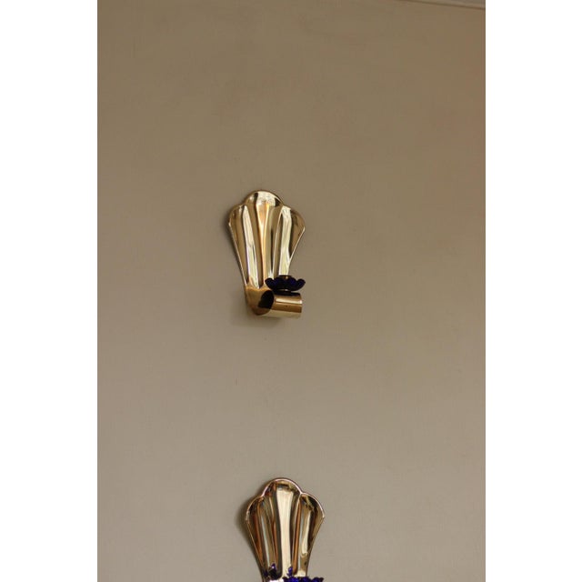 Vintage Brass Sconces with Blue Flower Shape Bobeche, Set of 2 For Sale - Image 16 of 18