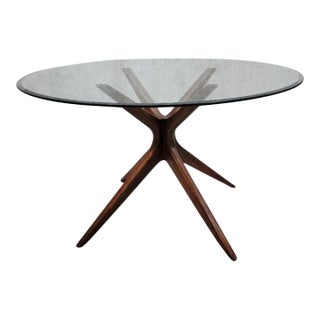 MCM Sculptural Walnut Round Glass Dining Table For Sale