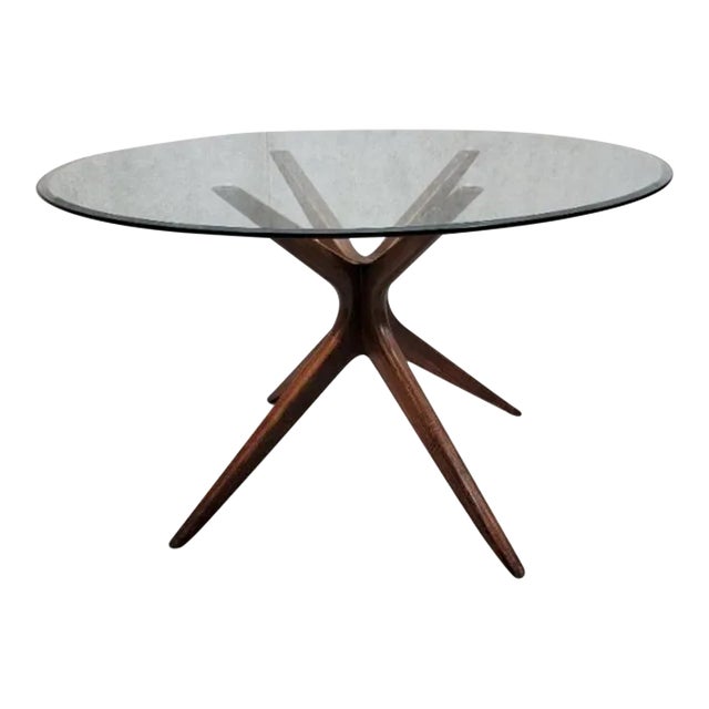 MCM Sculptural Walnut Round Glass Dining Table For Sale