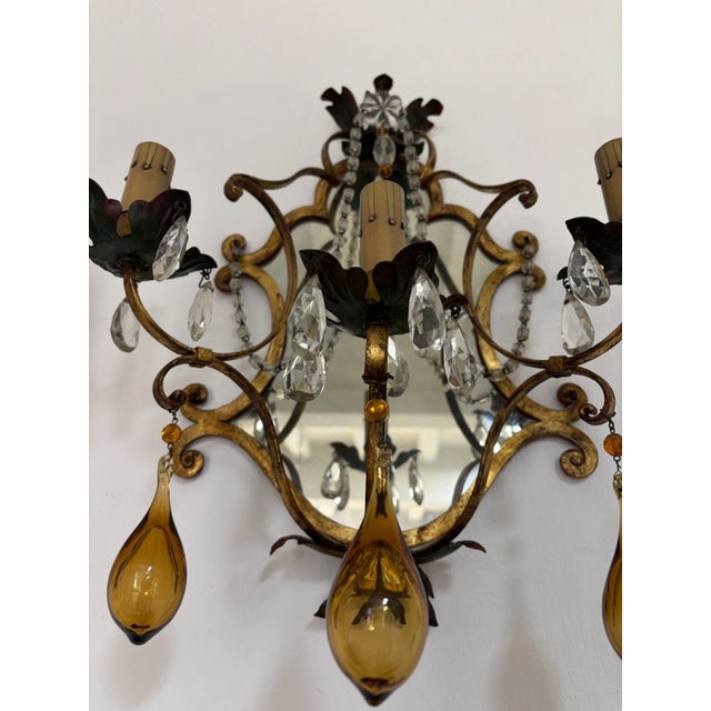 Glass Italian Tuscan Mirror Metal Florentine Sconces C 1900 Amber Blown Murano Glass For Sale - Image 7 of 12