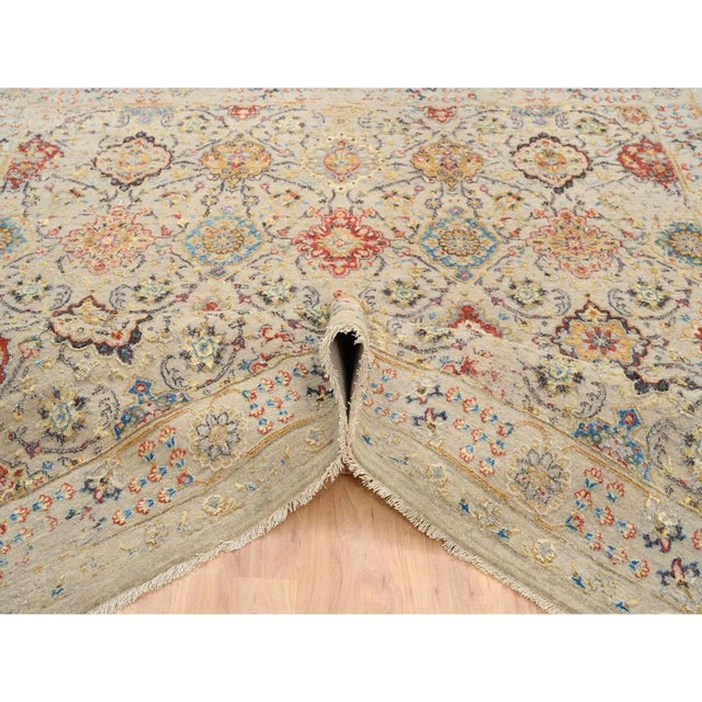 Transitional Beige, the Sunset Rosettes With Soft Colors, Wool and Pure Silk, Hand Knotted, Square Oriental Rug For Sale - Image 3 of 12