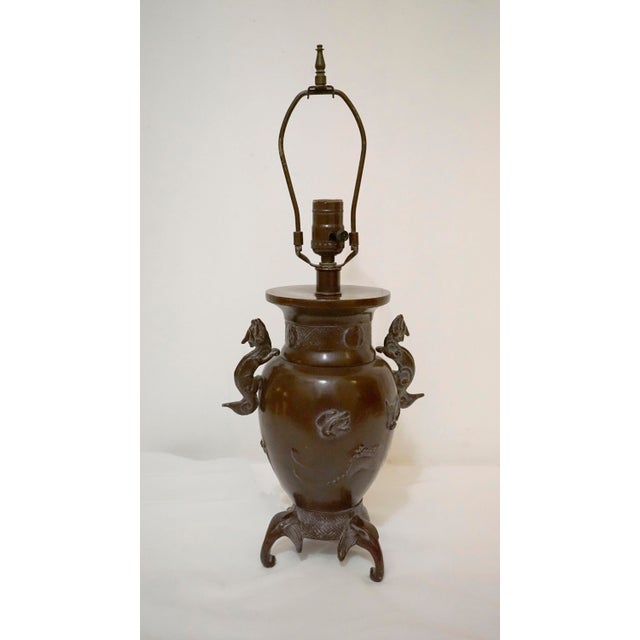 Vintage Patinated Brass Meiji Style Elephant and Dragon Lamp For Sale - Image 13 of 13