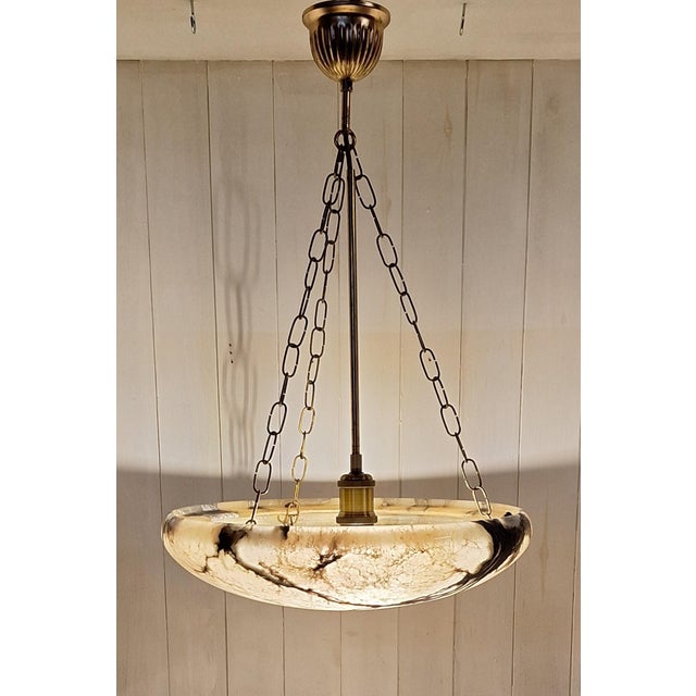 Metal Art Deco Hanging Lamp with Heavily Grained Alabaster Bowl, 1930s For Sale - Image 7 of 7