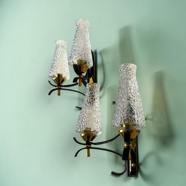 Mid-Century Modern Mid-Century Italian Modern Brass and Textured Glass Double Wall Sconces, 1960s, Set of 2 For Sale - Image 3 of 13