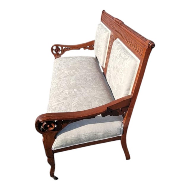 1920s Antique 19th C Eastlake Loveseat Refinished Walnut Victorian Upholstered Settee For Sale - Image 5 of 18