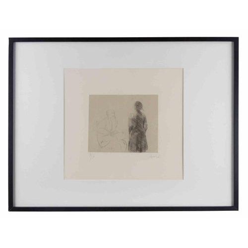 Two Figures is an original modern artwork realized by Giacomo Manzù in 1970s. Black and white etching Hand Signed and...