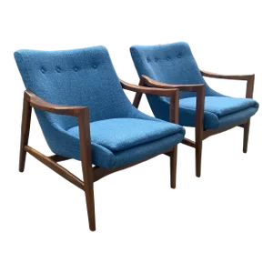 Modern Mid Century Style Lounge Chairs Solid Walnut Frames/Blue Chenille