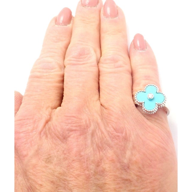 Van Cleef & Arpels Alhambra 18k Gold Diamond Turquoise Ring Paper, size 4.75 For Sale In Philadelphia - Image 6 of 9