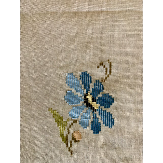Vintage Cretan Hand Embroidered Cross Stitch Floral Tablecloth Tan- Ecru Autumnal Linen For Sale In Miami - Image 6 of 12