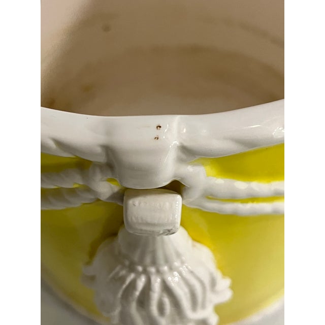 Vintage Pair Fitz and Floyd Large Size Yellow and White Tassel Cachepots For Sale - Image 11 of 17
