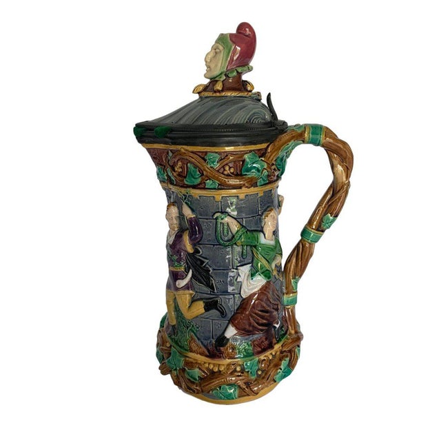 Minton Towered Jug w/ Pewter Lid & Medieval Dancers, English, date code 1876. Slight loss to thumb piece, small hairline...