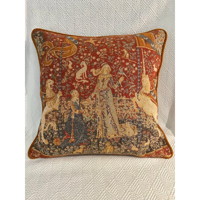 Vintage English Lady and the Unicorn Medieval Tapestry 19.5” Pillow With Gold Velvet Back With Down Insert For Sale - Image 10 of 10
