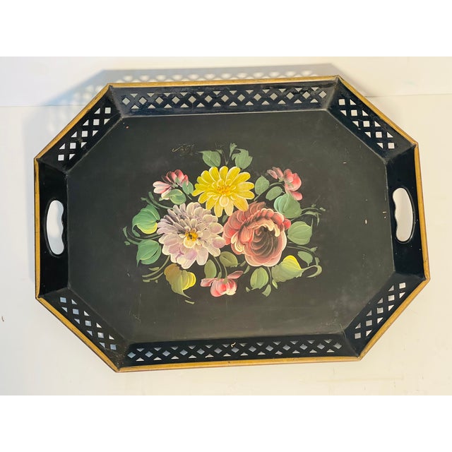 Antique American folk art style Handpainted florals tole tray with reticulated border.
