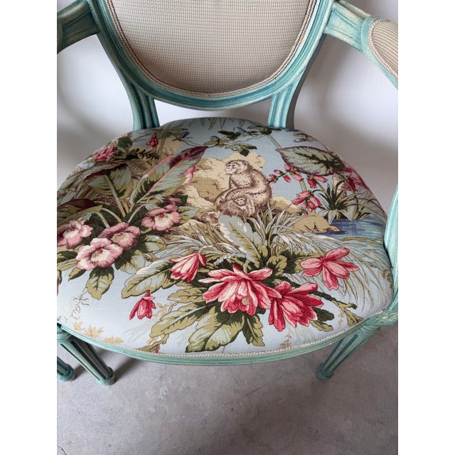 French 1970’s Vintage Palm Beach Louis XVI–Style Oval Back Arm Accent / Dining Chairs – A Pair For Sale - Image 3 of 12