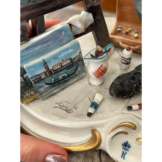 Ceramic Vintage Signed Rori Capodimonte Figurine Painter at Easel Venice Torre Dell Orologio La Medea Italy Flawless With Tag For Sale - Image 7 of 11