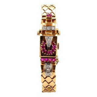 Mid 20th Century Mercedes Signed 14k Gold Ruby & Diamond Art Deco Hidden Watch Bracelet For Sale