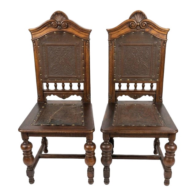 Pair of Early 20th Century Jacobean / Henry II Revival Tooled Leather Dining Side Chairs For Sale