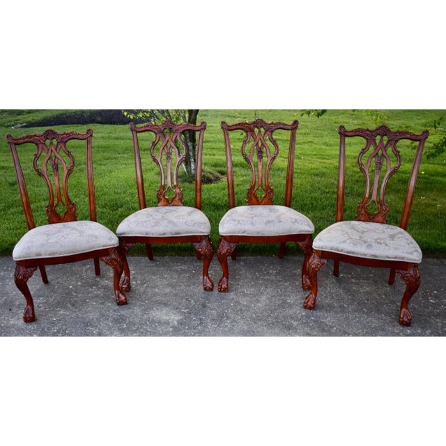 Vtg. Set of Four Heavily Carved Chippendale Style Cherry Side Dining Chairs For Sale - Image 4 of 16