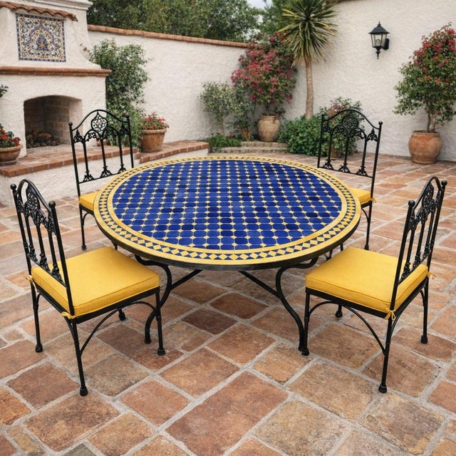 Moroccan 48" Round Moroccan Mosaic Table, Blue / Yellow For Sale - Image 3 of 8