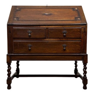 Early 20th Century Antique English Jacobean Oak Bureau For Sale