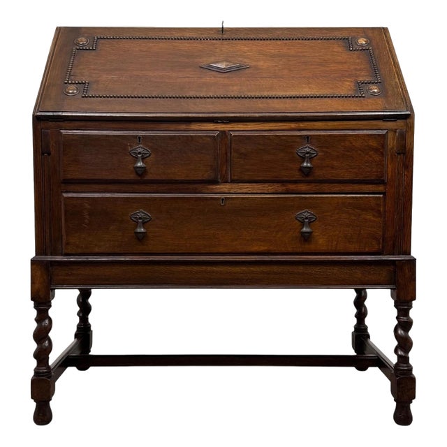 Early 20th Century Antique English Jacobean Oak Bureau For Sale