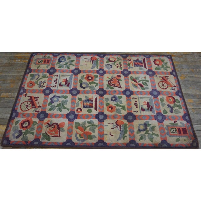 American 1930s Small Multicolor Geometric Roses Folk Art Antique American Hooked Wool Rug For Sale - Image 3 of 11