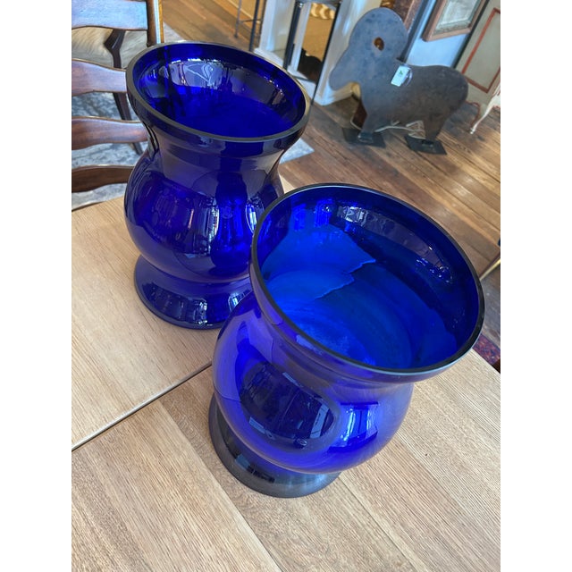 Modern Large Striking Cobalt Blue Glass Candle Hurricanes or Vases- A Pair For Sale - Image 3 of 7
