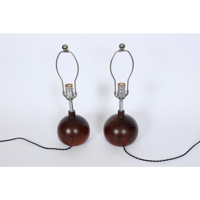 1970's Solid Staved Deep Teak "Onion" Table Lamps - A Pair For Sale - Image 11 of 13