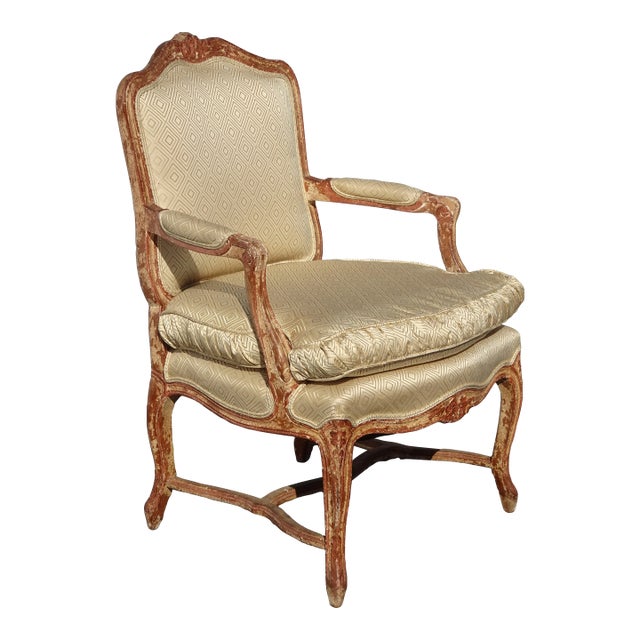 Vintage French Provincial Silk Bergere Chair W Red & Gold Crackle Finish For Sale