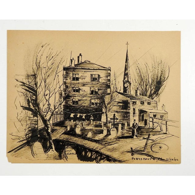 WPA modernist style ink on paper cityscape of Portsmouth Virginia. Titled and dated 11/28/42 lower right corner. Unframed,...