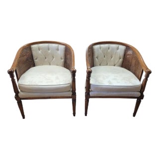 A Pair of 1950s Mid-Century Modern Cane Chinoiserie Fabric Barrel Chairs For Sale