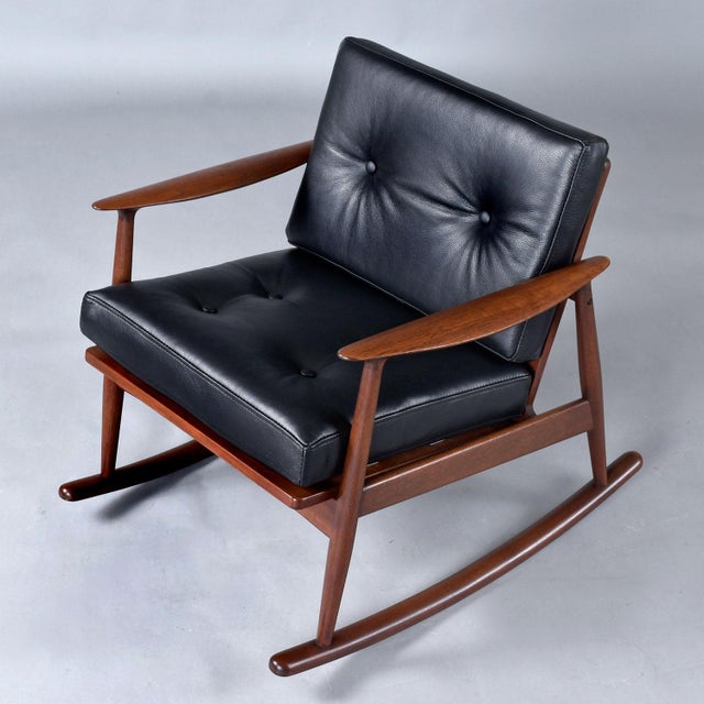 Black Pair of Restored Moreddi 1950's Danish Teak Rocking Chairs in Black Leather For Sale - Image 8 of 13