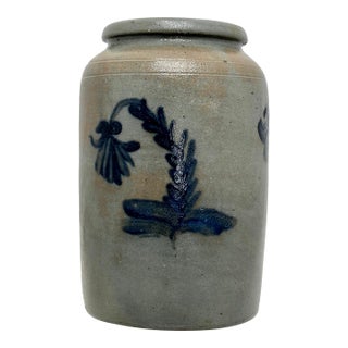 Nice Antique Mid 19th Century American Triple Blue Flower Decorated 1 Gallon Size Stoneware Food Storage Jar For Sale
