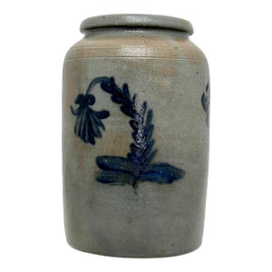 Nice Antique Mid 19th Century American Triple Blue Flower Decorated 1 Gallon Size Stoneware Food Storage Jar